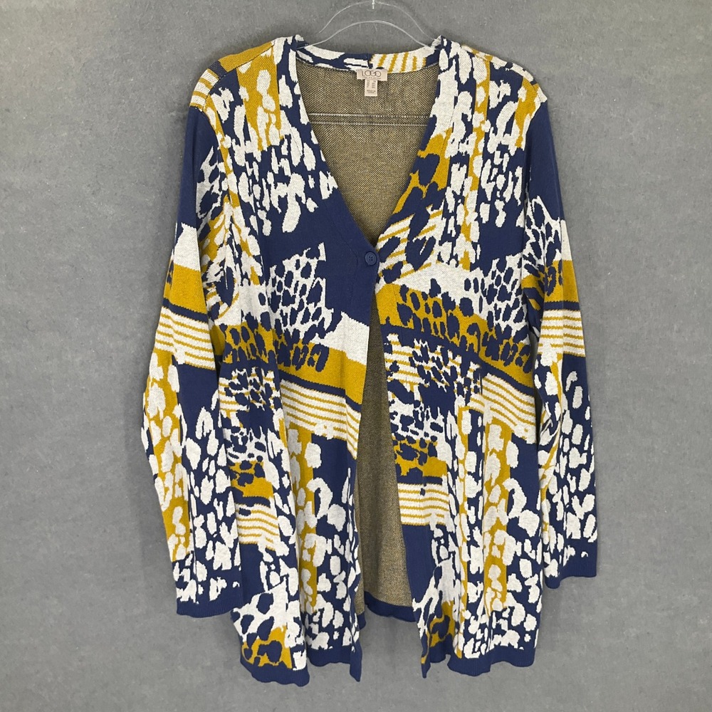 LOGO Lori Goldstein Cardigan Womens 2XL Navy Blue‎ Yellow Knit Sweater